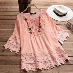 Blouse For Women Summer Vintage Lace Patchwork Bow V Neck Cotton Pink Sz 4XL Y2k